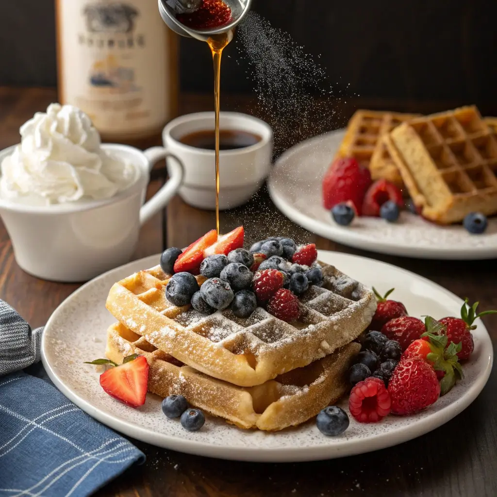 Vegane Waffeln servieren: Goldbraune Waffeln mit Beeren, Puderzucker und Sirup – stilvoll angerichtet für ein perfektes Frühstück oder Brunch.