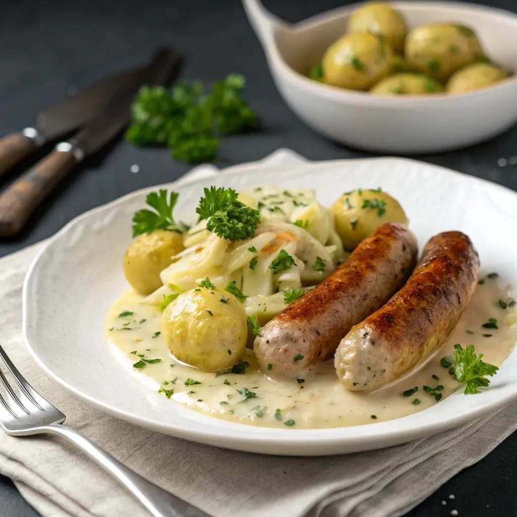 Cremiger Rahmwirsing servieren: sahnig umrührt mit Bratwürsten & Kartoffeln – perfekte Winterbeilage, garniert mit frischem Petersilie.