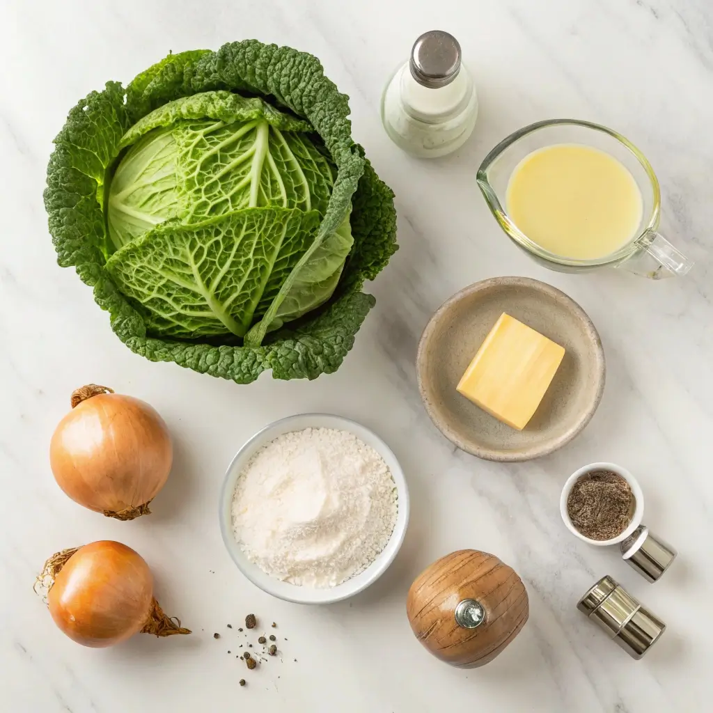 Cremiger Rahmwirsing Zutaten: frischer Wirsing, Zwiebeln, Butter, Sahne, Mehl, Pfeffer & Salz – alles für eine sahnige, herzhafte Beilage.