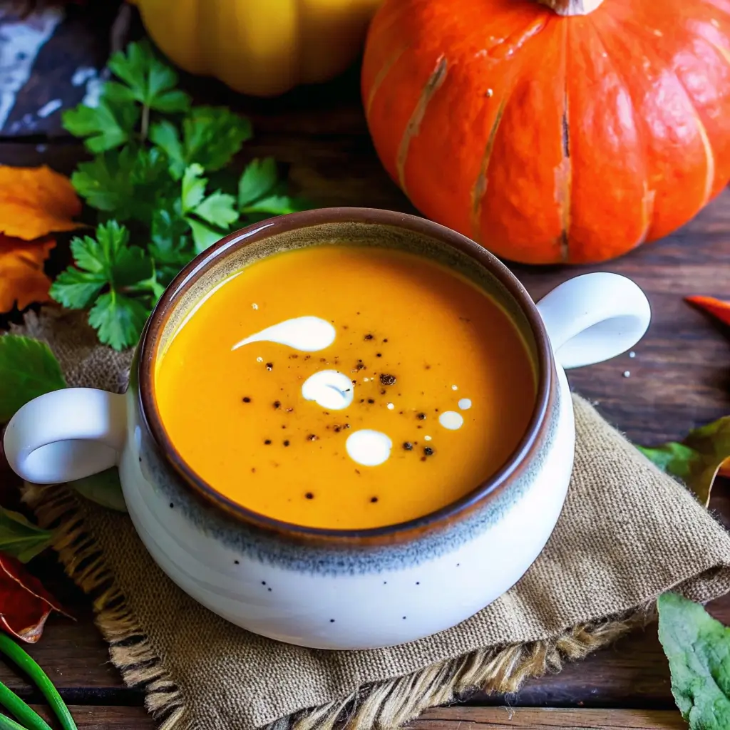Kuerbissuppe-mit-Kokosmilch-servieren: cremige Suppe in Tasse mit Kokos-Milch-Swirl, frischem Kürbis & Herbstlaub im Hintergrund