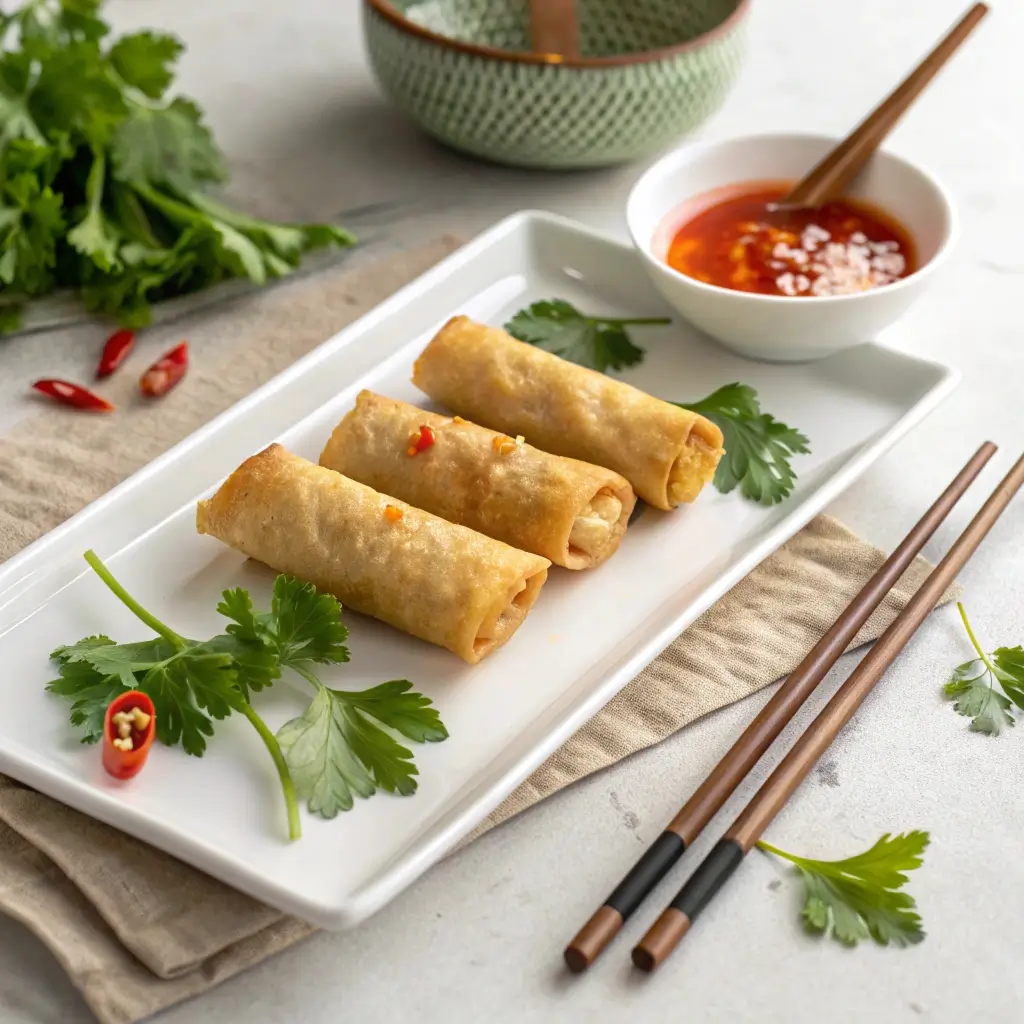 „Knusprige Frühlingsrollen im Airfryer – perfekt gebraten, ohne Frittierfett. Mit frischem Koriander, Chili und scharfer Dip-Sauce serviert.“