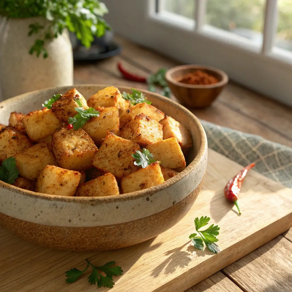 „Knusprige Bratkartoffeln im Airfryer – goldbraun, würzig und ohne Fett gebraten. Mit frischem Koriander und Paprika-Pulver serviert.“