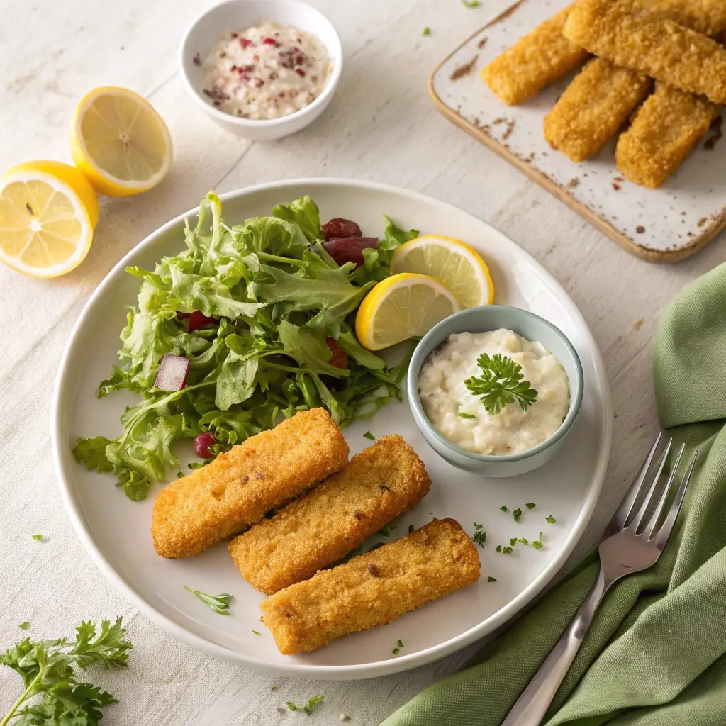 „Knusprige Fischstäbchen – goldbraun, knusprig außen, saftig innen. Serviert mit frischem Salat, Zitronenscheiben und Kräuter-Dip. Perfekt für schnelles Familienessen.“
