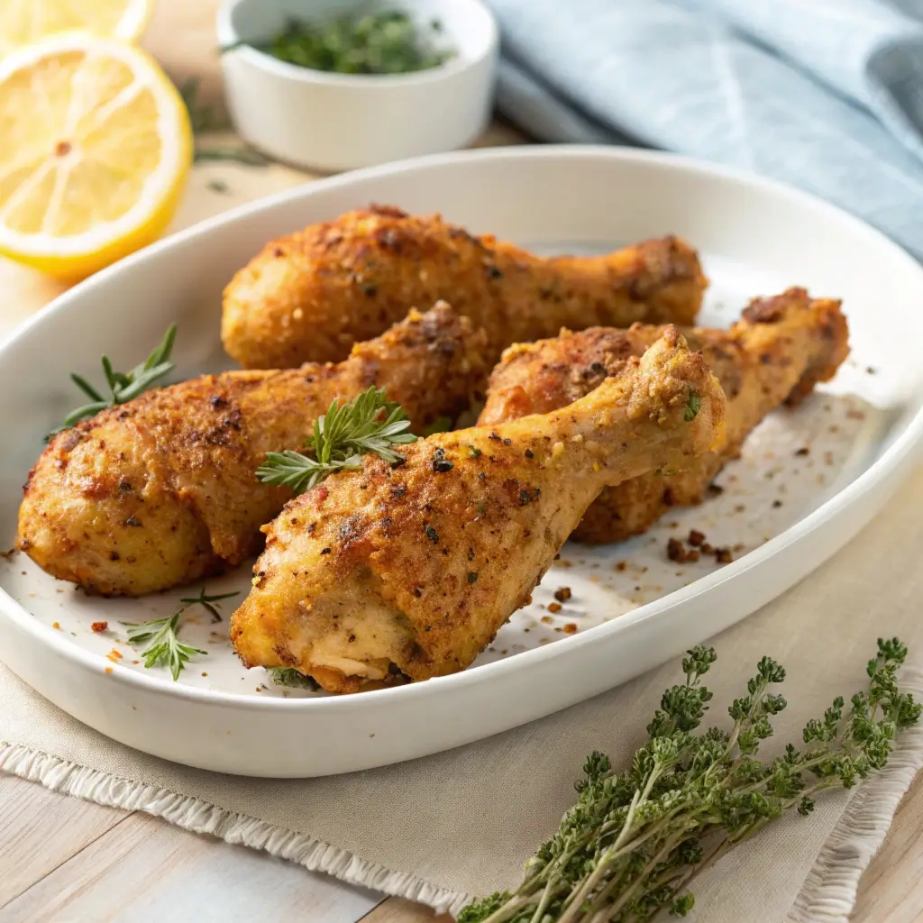 „Saftige Hähnchenschenkel – goldbraun gebraten, würzig gewürzt mit Thymian und Zitrone. Perfekt für schnelles Abendessen oder Familienessen.“