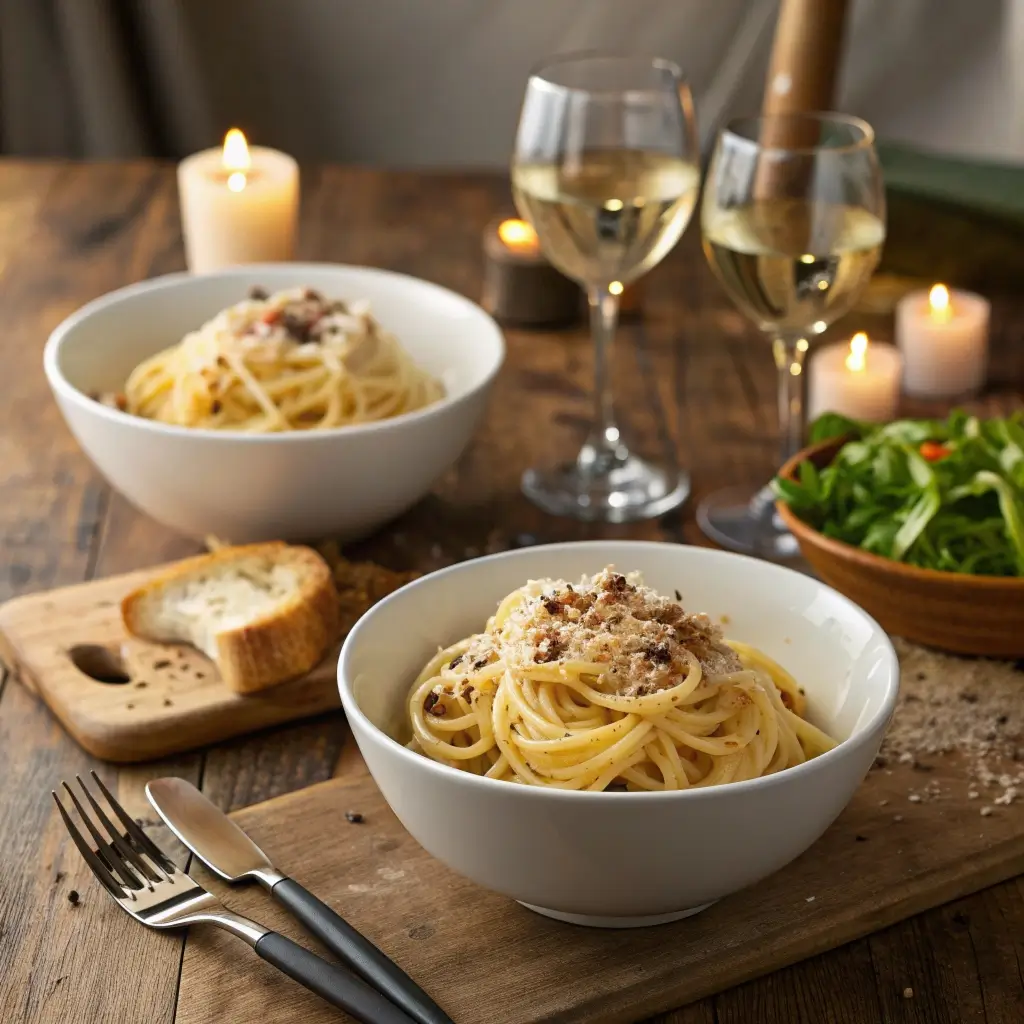 Zwei Schalen Carbonara servieren mit frisch geriebenem Parmesan, Kerzen, Weißwein und Brot auf rustikalem Holztisch – romantisches Abendessen-Setting.