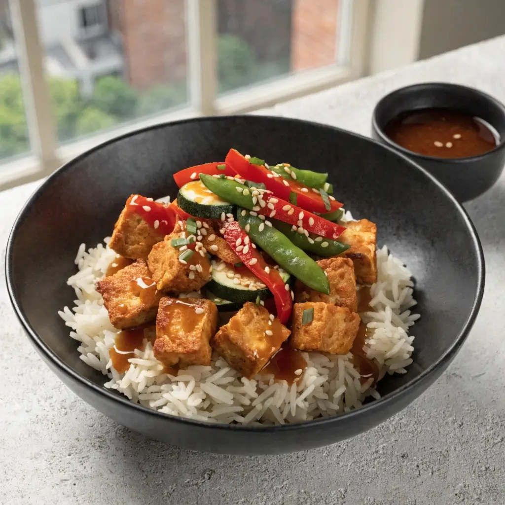Basmati Bowl mit Crispy Tofu – knuspriger Tofu auf Reis mit Zucchini, Paprika, Zuckererbsen und Sesam