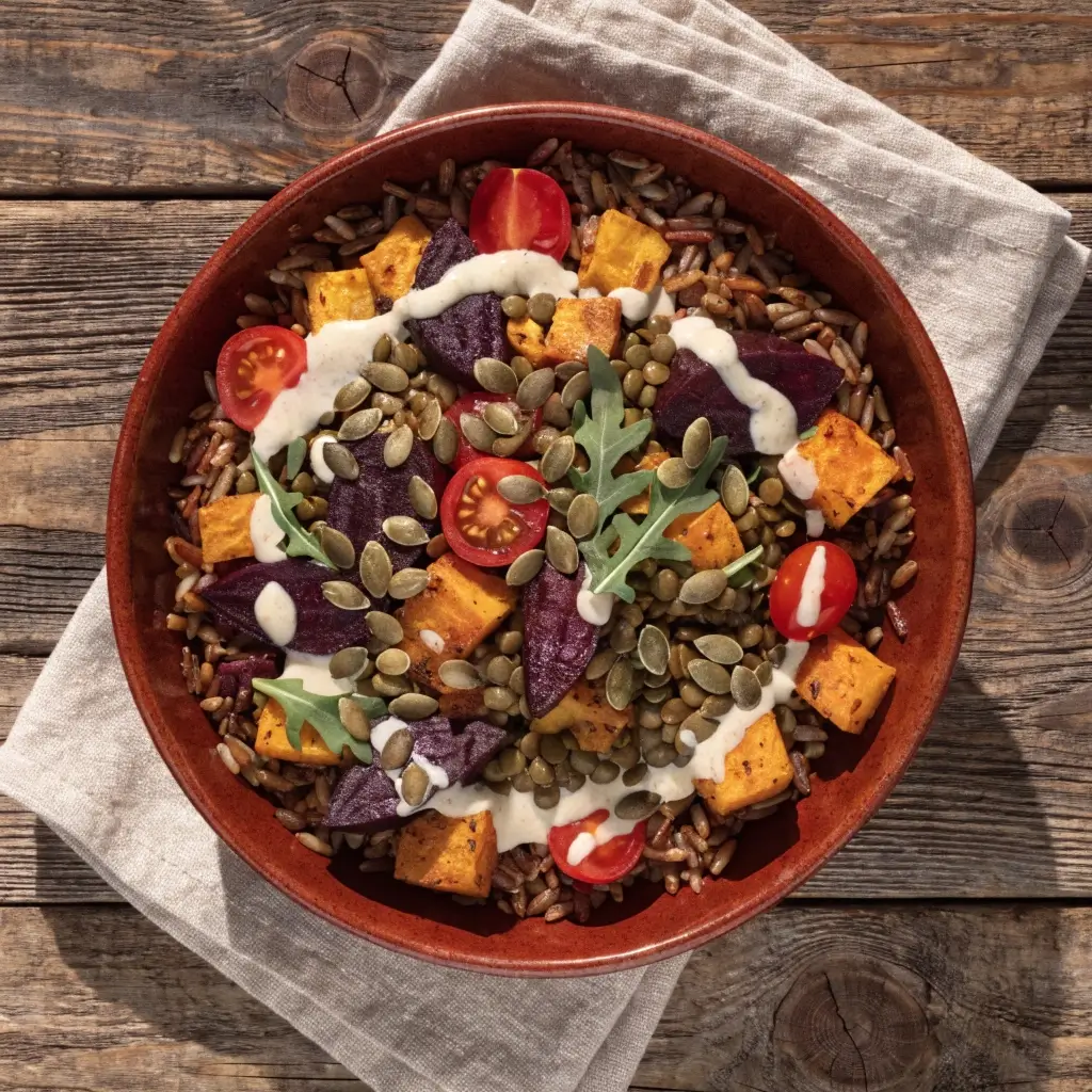"Buddha Bowl mit Wildreis, Linsen, Süßkartoffeln, Rote Bete und Kürbiskernen in einer Keramikschüssel"