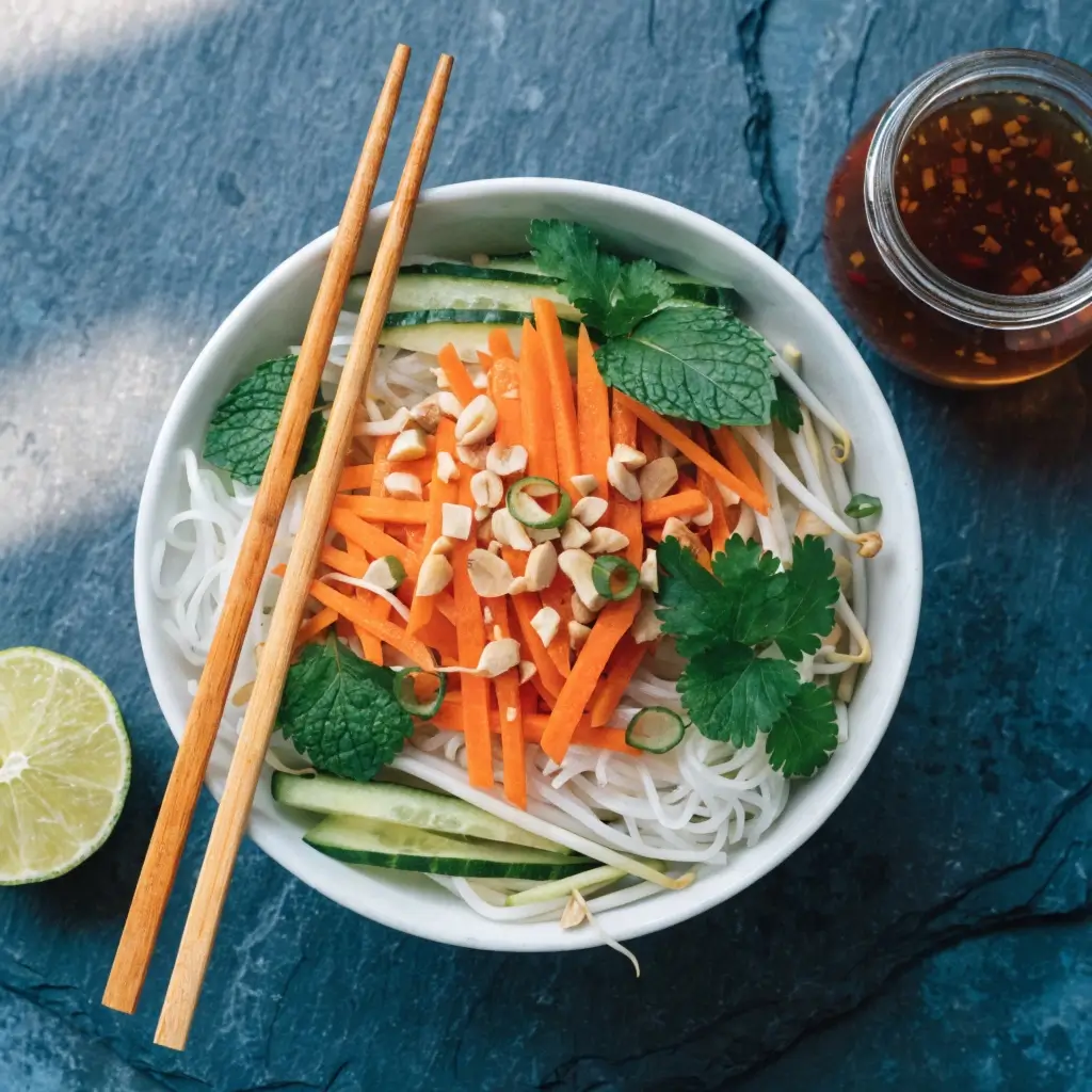 "Bun Chay Bowl mit Nuoc Cham Dressing – vietnamesische Reisnudel-Bowl mit Karotten, Gurken, Kräutern und Erdnüssen"