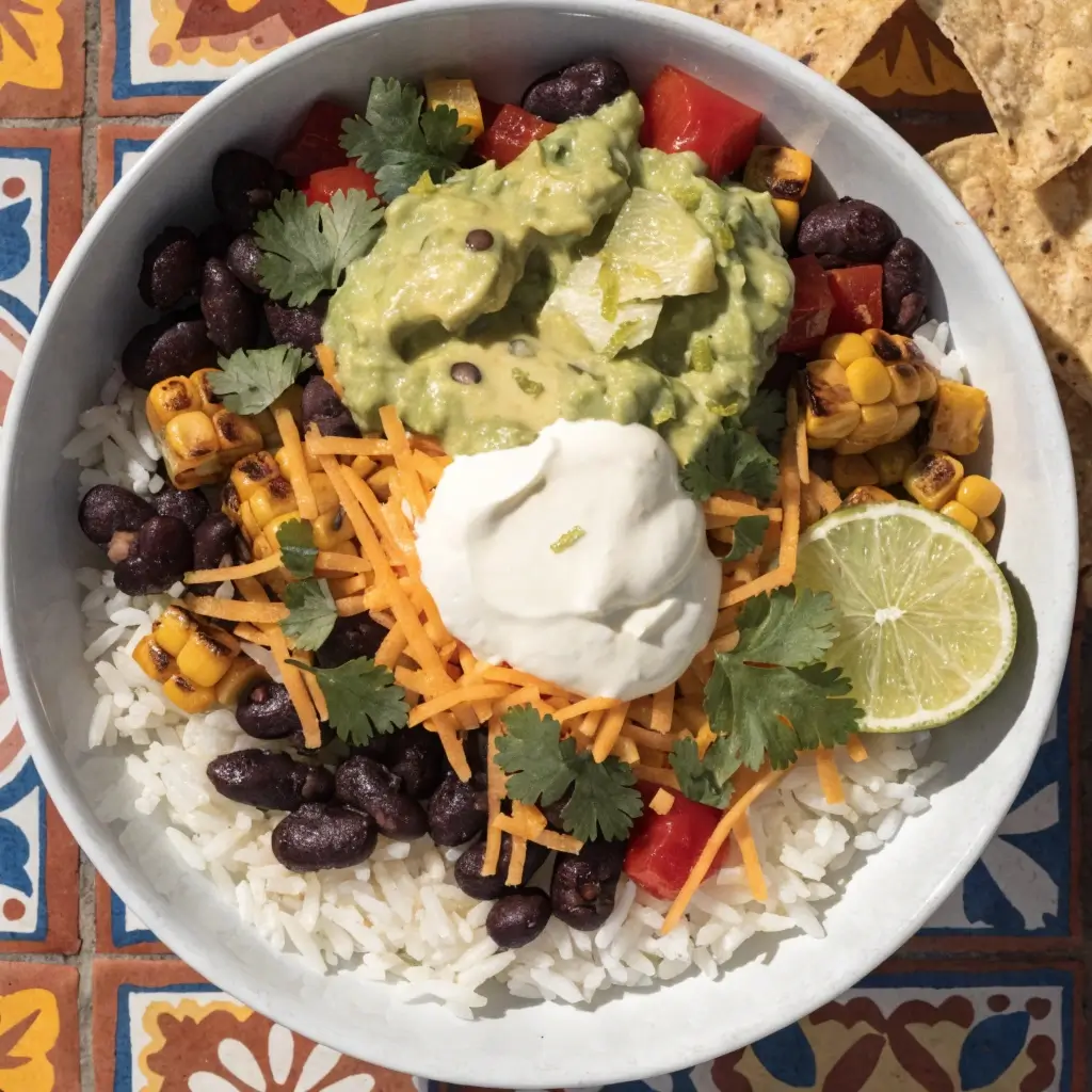 "Burrito Bowl mit Jasmin Reis und bunten Toppings in weißer Schüssel"