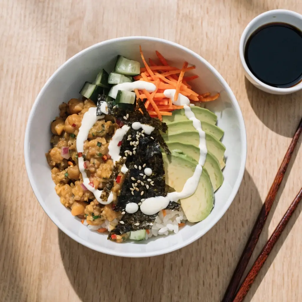 "Creamy TU NAH Sushi Bowl mit Nori Blättern, Avocado und Gemüse"