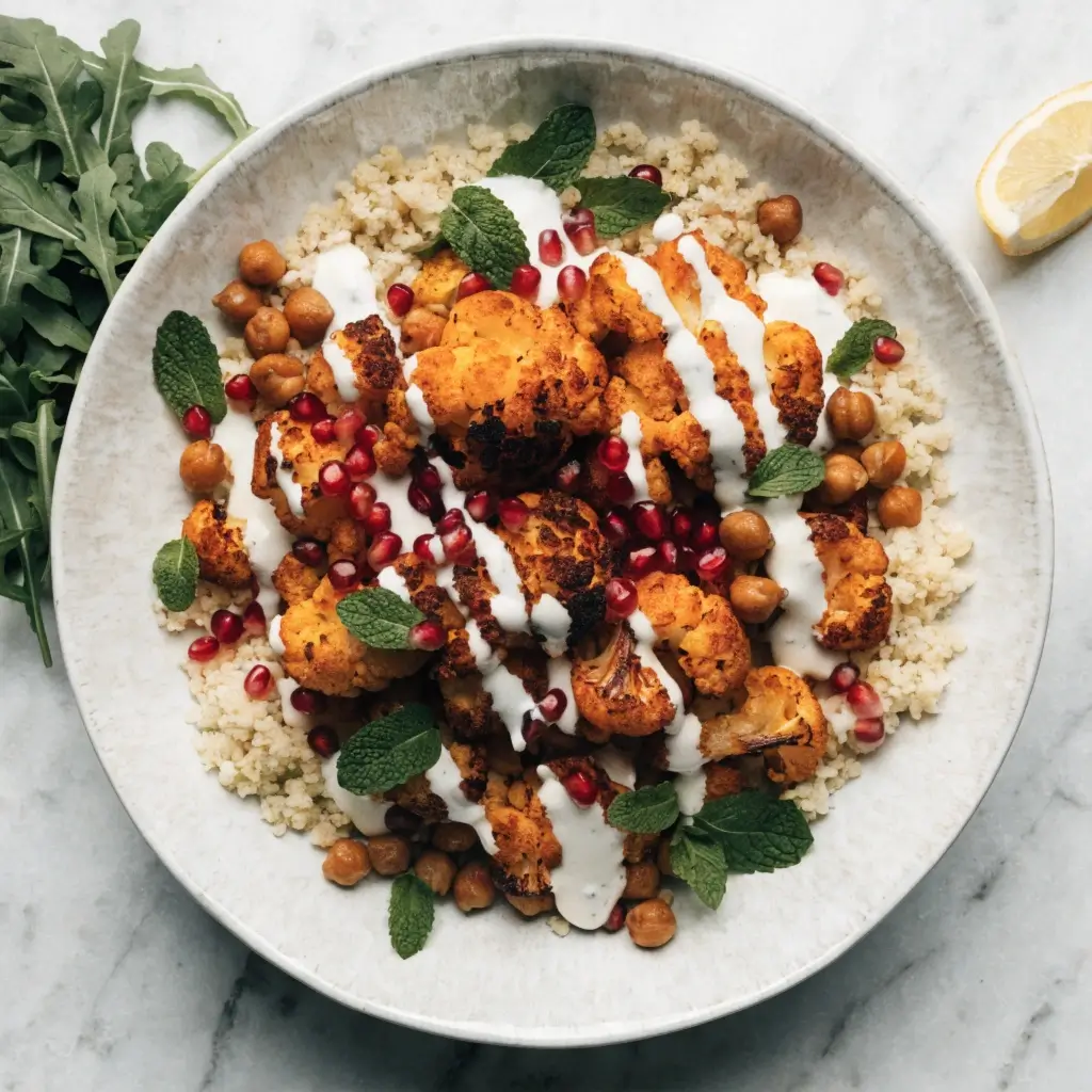 "Crispy Blumenkohl Bowl mit Couscous, Kichererbsen, Granatapfel und Minze – knuspriger Blumenkohl mit cremigem Dressing"