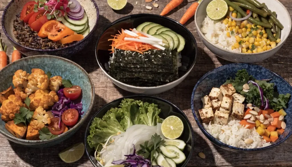 "Bunte Bowl Rezepte auf Holztisch – gesunde Buddha Bowls mit Gemüse"