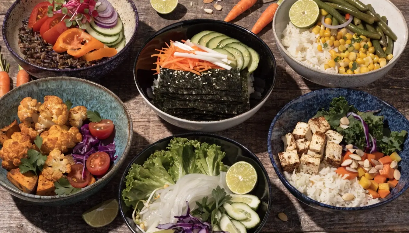 "Bunte Bowl Rezepte auf Holztisch – gesunde Buddha Bowls mit Gemüse"