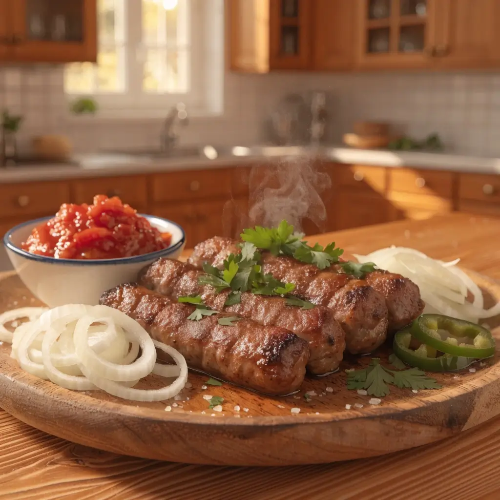 Cevapcici Servieren auf rustikalem Holzbrett mit Zwiebelringen, roter Sauce und frischen Kräutern in warmer Küche
