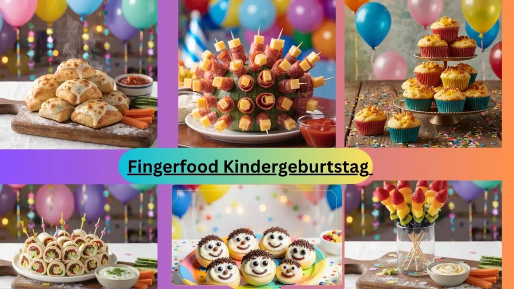 Fingerfood Kindergeburtstag: 6 kreative Party-Snacks - Mini-Pizzabrötchen, Wurst-Käse-Igel, Käse-Muffins, Wrap-Röllchen, lustige Keksgesichter und Obstspieße vor bunter Luftballon-Deko