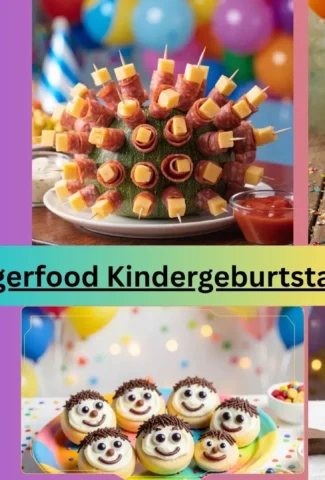 Fingerfood Kindergeburtstag: 6 kreative Party-Snacks - Mini-Pizzabrötchen, Wurst-Käse-Igel, Käse-Muffins, Wrap-Röllchen, lustige Keksgesichter und Obstspieße vor bunter Luftballon-Deko