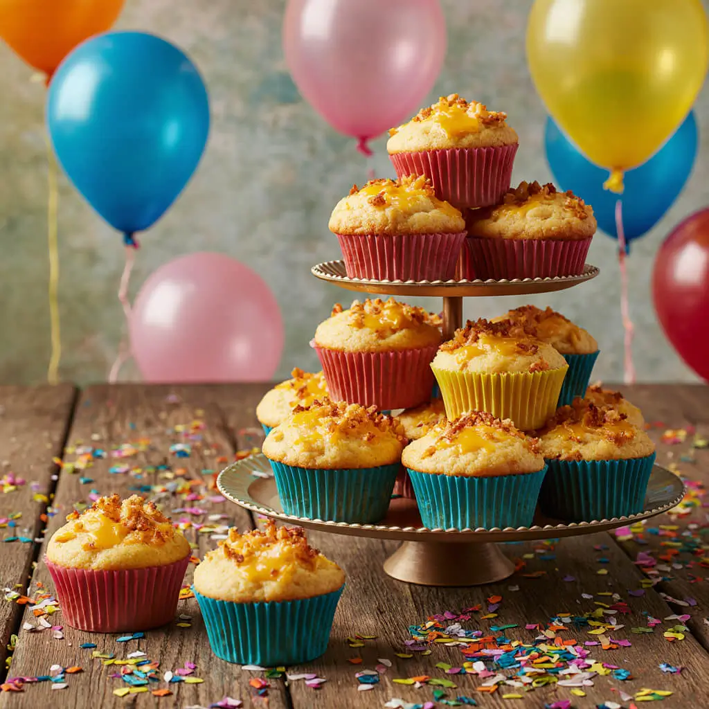 Herzhafte Käse-Muffins auf goldener Etagere in bunten Förmchen mit geschmolzenem Käse, Konfetti und Luftballons im Hintergrund