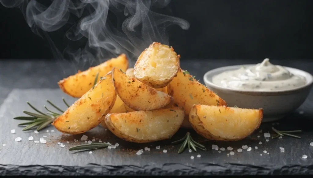 Dampfende Kartoffelspalten im Airfryer mit Rosmarin, grobem Salz und Dip auf dunklem Schiefer