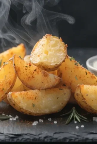 Dampfende Kartoffelspalten im Airfryer mit Rosmarin, grobem Salz und Dip auf dunklem Schiefer