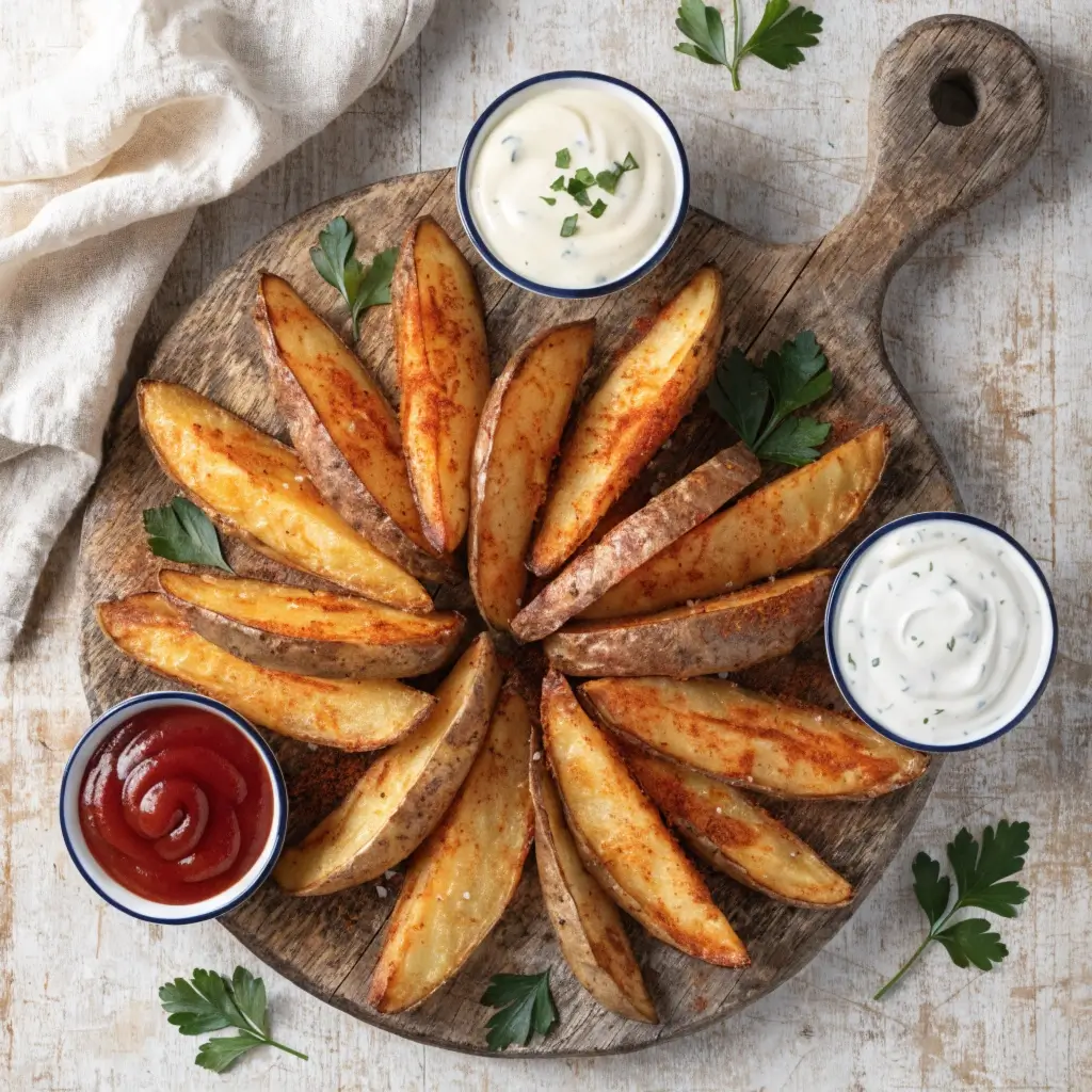 Kartoffelspalten im Airfryer servieren: Goldbraune Wedges im Stern-Design auf Holzbrett mit Ketchup und Dip