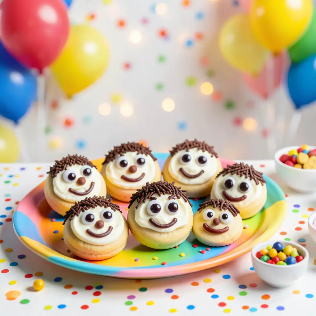 Lustige Keksgesichter: Runde Kekse mit weißer Glasur, Schokostreuseln als Haare und lächelnden Mienen auf buntem Teller vor Party-Hintergrund mit Luftballons
