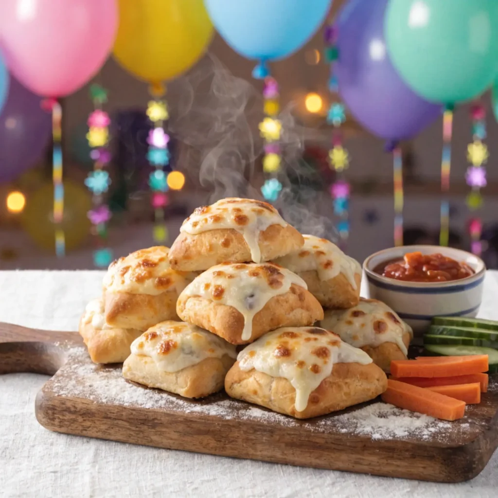 Mini-Pizzabrötchen mit geschmolzenem Käse auf Holzbrett gestapelt, dazu Tomatensauce und Gemüsesticks vor bunter Party-Deko mit Luftballons