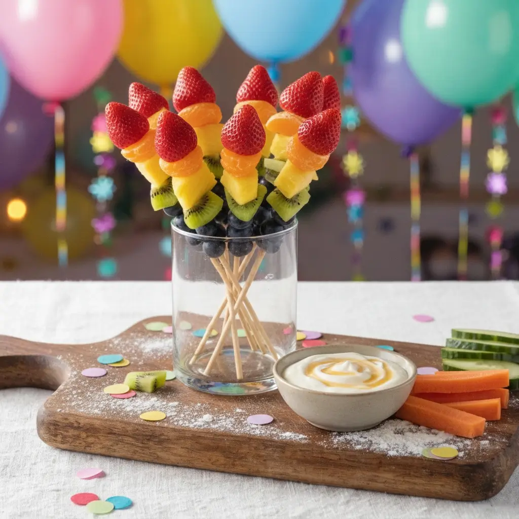 Regenbogen-Obstspieße: Bunte Frucht-Spieße mit Erdbeeren, Mandarinen, Ananas, Kiwi und Blaubeeren als Blumenstrauß im Glas, dazu Dip und Gemüsesticks auf Holzbrett mit Party-Deko