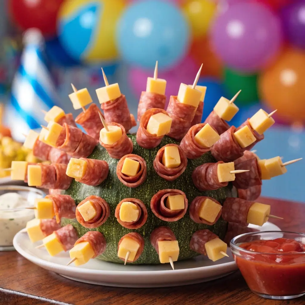 Wurst-Käse-Igel: Kreative Party-Deko mit Salami-Röllchen und Käsewürfeln auf Melone gesteckt, dazu Dip-Saucen vor bunter Luftballon-Kulisse