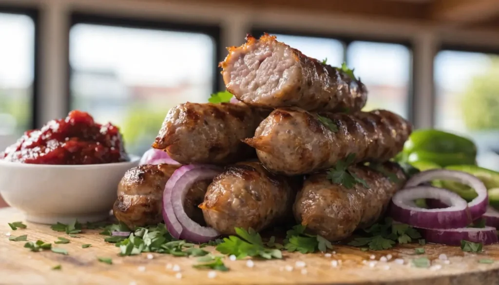 Cevapcici Rezept: Gegrillte Hackfleischröllchen mit roten Zwiebeln, Petersilie und Ajvar auf Holzbrett
