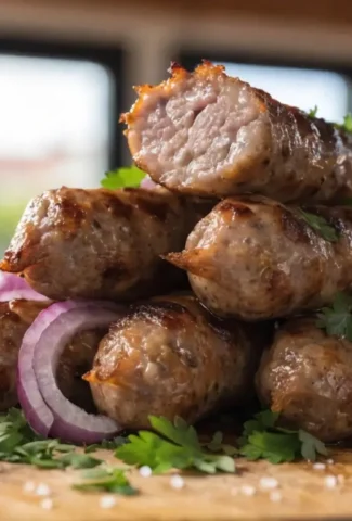 Cevapcici Rezept: Gegrillte Hackfleischröllchen mit roten Zwiebeln, Petersilie und Ajvar auf Holzbrett