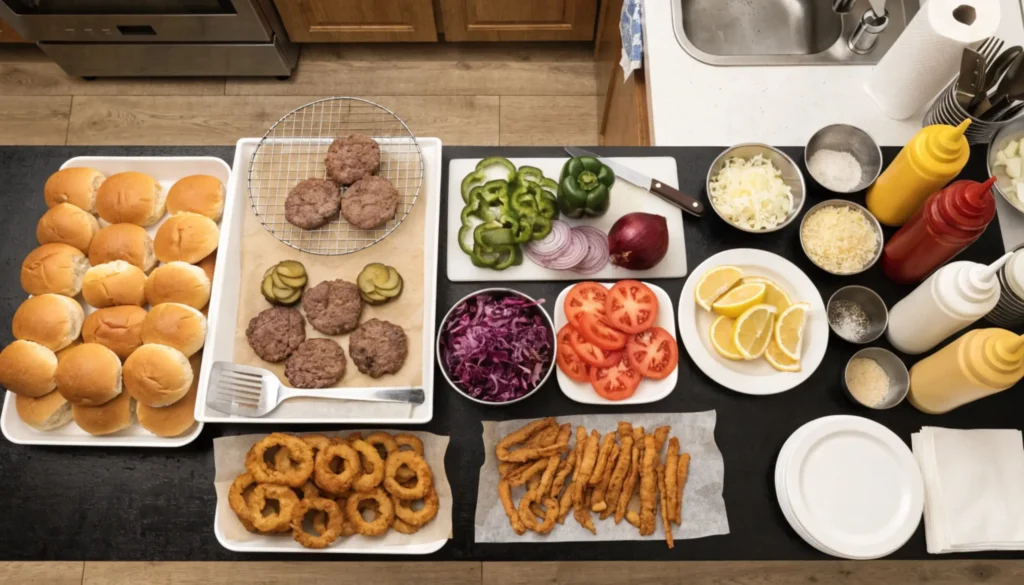 Burgerbuffet: Komplettes DIY-Burger-Setup mit Brötchen, Patties, Onion Rings, Sweet Potato Fries, frischem Gemüse, Käse, Saucen und Gewürzen auf Küchenarbeitsplatte