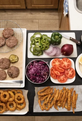Burgerbuffet: Komplettes DIY-Burger-Setup mit Brötchen, Patties, Onion Rings, Sweet Potato Fries, frischem Gemüse, Käse, Saucen und Gewürzen auf Küchenarbeitsplatte