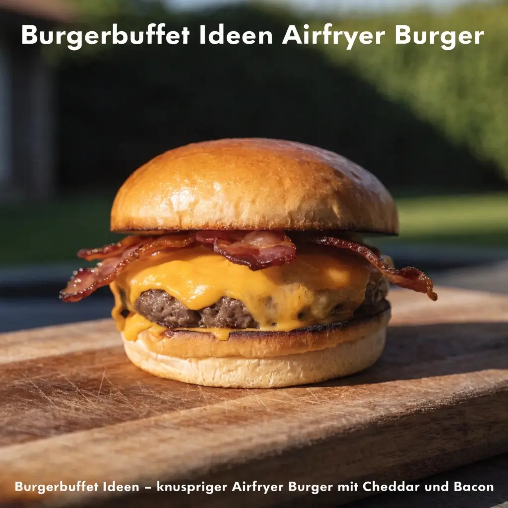Burgerbuffet Ideen mit dem Airfryer: Saftiger Bacon Cheeseburger mit geschmolzenem Cheddar auf goldbraunem Bun im Sonnenlicht auf Holzbrett
