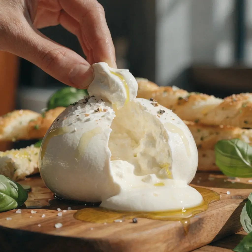 Burrata zu kalt servieren vermeiden: Cremige Burrata Kugel geöffnet mit fließendem Kern, Olivenöl und Brot auf Holzbrett