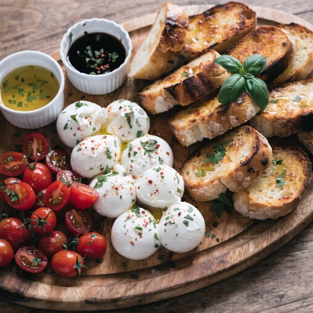 Das Board anrichten mit Burrata, geröstetem Brot, Cherrytomaten, Olivenöl und frischem Basilikum auf rustikalem Holzbrett