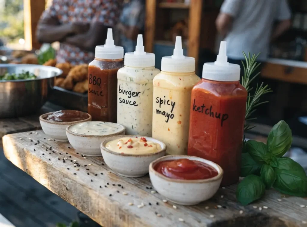 Die Saucen-Station: Verschiedene Saucenflaschen mit BBQ-Sauce, Burger-Sauce, Spicy Mayo und Ketchup sowie Schälchen mit Dips auf rustikalem Holzbrett mit frischem Basilikum