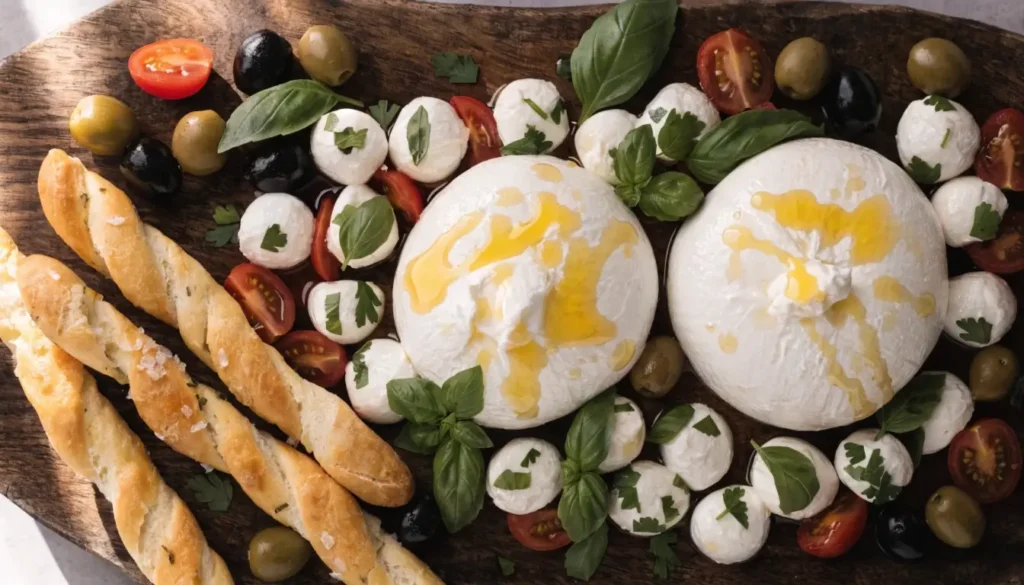 Fingerfood Ideen mit Burrata auf rustikalem Holzbrett mit Mini-Mozzarella, Cherrytomaten, Basilikum, Oliven und knusprigen Grissini