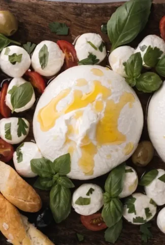 Fingerfood Ideen mit Burrata auf rustikalem Holzbrett mit Mini-Mozzarella, Cherrytomaten, Basilikum, Oliven und knusprigen Grissini