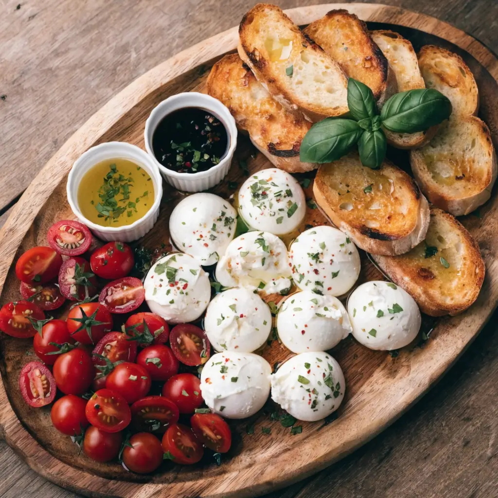 Fingerfood Ideen mit Burrata servieren: Rustikales Holzbrett mit cremigen Burrata Kugeln, Kirschtomaten, getoastetem Baguette, Olivenöl und Balsamico-Glasur