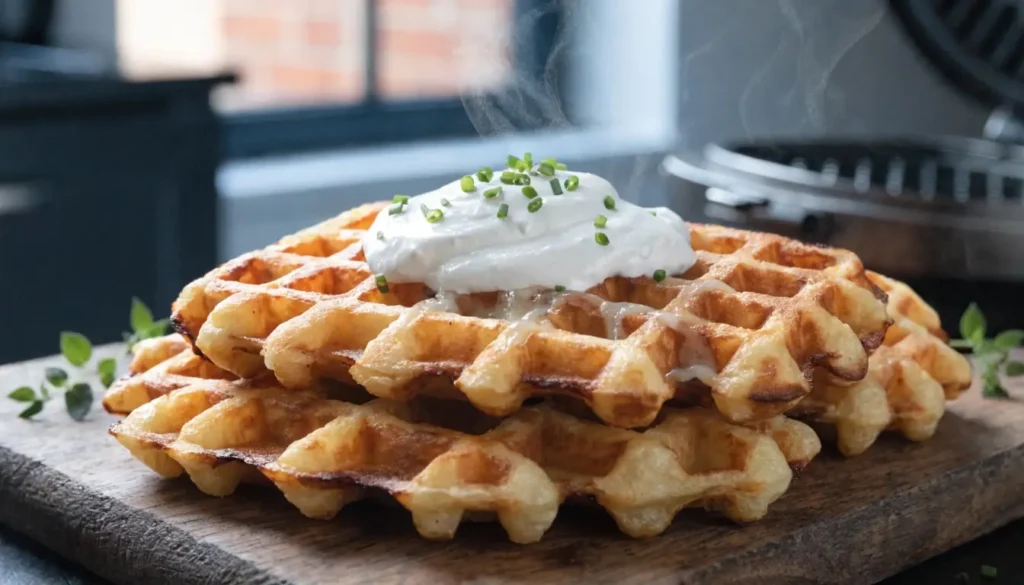 Kartoffel Waffeln: Goldbraune herzhafte Waffeln aus Kartoffeln mit Sauerrahm und Schnittlauch auf rustikalem Holzbrett