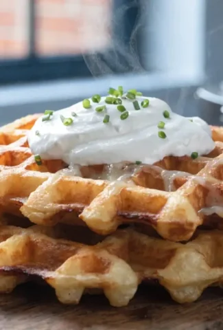 Kartoffel Waffeln: Goldbraune herzhafte Waffeln aus Kartoffeln mit Sauerrahm und Schnittlauch auf rustikalem Holzbrett