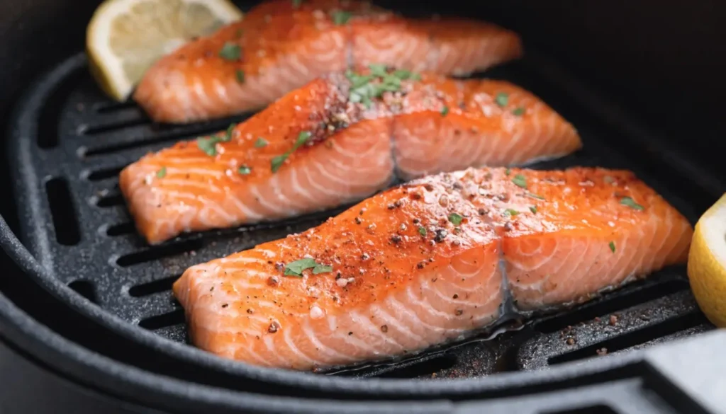 Lachs im Airfryer: Drei gewürzte Lachsfilets mit Zitronenscheiben und Kräutern im schwarzen Fritteusen-Korb