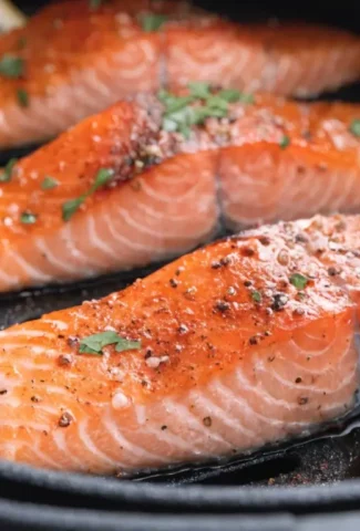 Lachs im Airfryer: Drei gewürzte Lachsfilets mit Zitronenscheiben und Kräutern im schwarzen Fritteusen-Korb