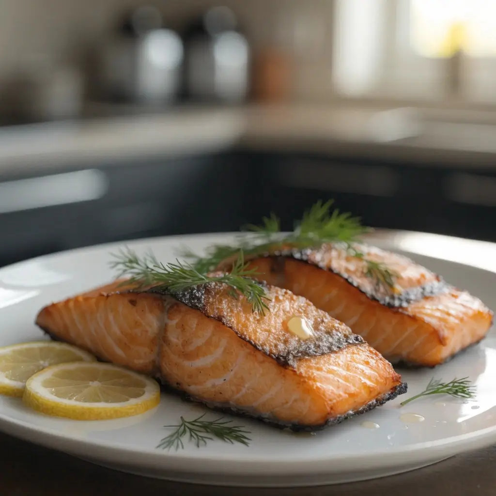Lachsfilets servieren: Zwei goldbraune Lachsfilets mit knuspriger Haut, frischem Dill und Zitronenscheiben auf weißem Teller angerichtet
