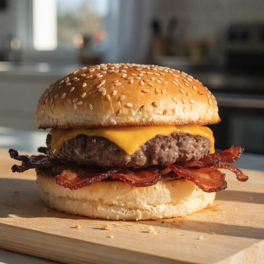 Patties und Buns im Fokus: Saftiger Bacon Cheeseburger mit geschmolzenem Käse auf Sesam-Brötchen auf hellem Holzbrett