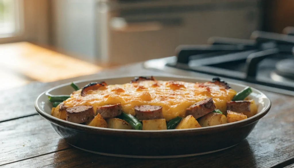 Wurst Bohne Kartoffel Auflauf mit knusprigen Wurstscheiben, grünen Bohnen, Kartoffelwürfeln und goldbraun überbackenem Käse.