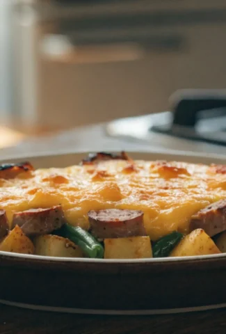 Wurst Bohne Kartoffel Auflauf mit knusprigen Wurstscheiben, grünen Bohnen, Kartoffelwürfeln und goldbraun überbackenem Käse.