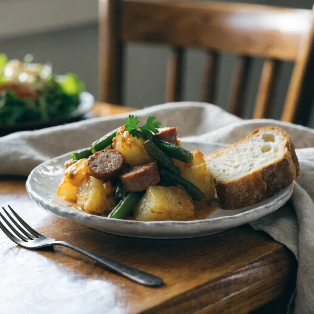 Wurst Bohne Kartoffel Auflauf servieren: Rustikaler Eintopf mit grünen Bohnen, Kartoffeln und Würstchen auf weißem Teller, dazu frisches Brot und Gabel auf Holztisch
