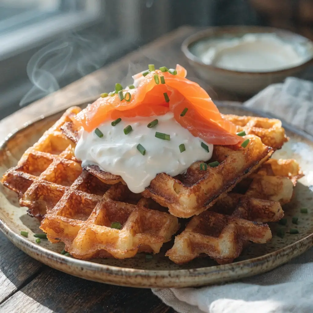die Kartoffel Waffeln servieren: Gestapelte goldbraune Kartoffelwaffeln mit Räucherlachs, Sauerrahm und Schnittlauch auf rustikalem Teller