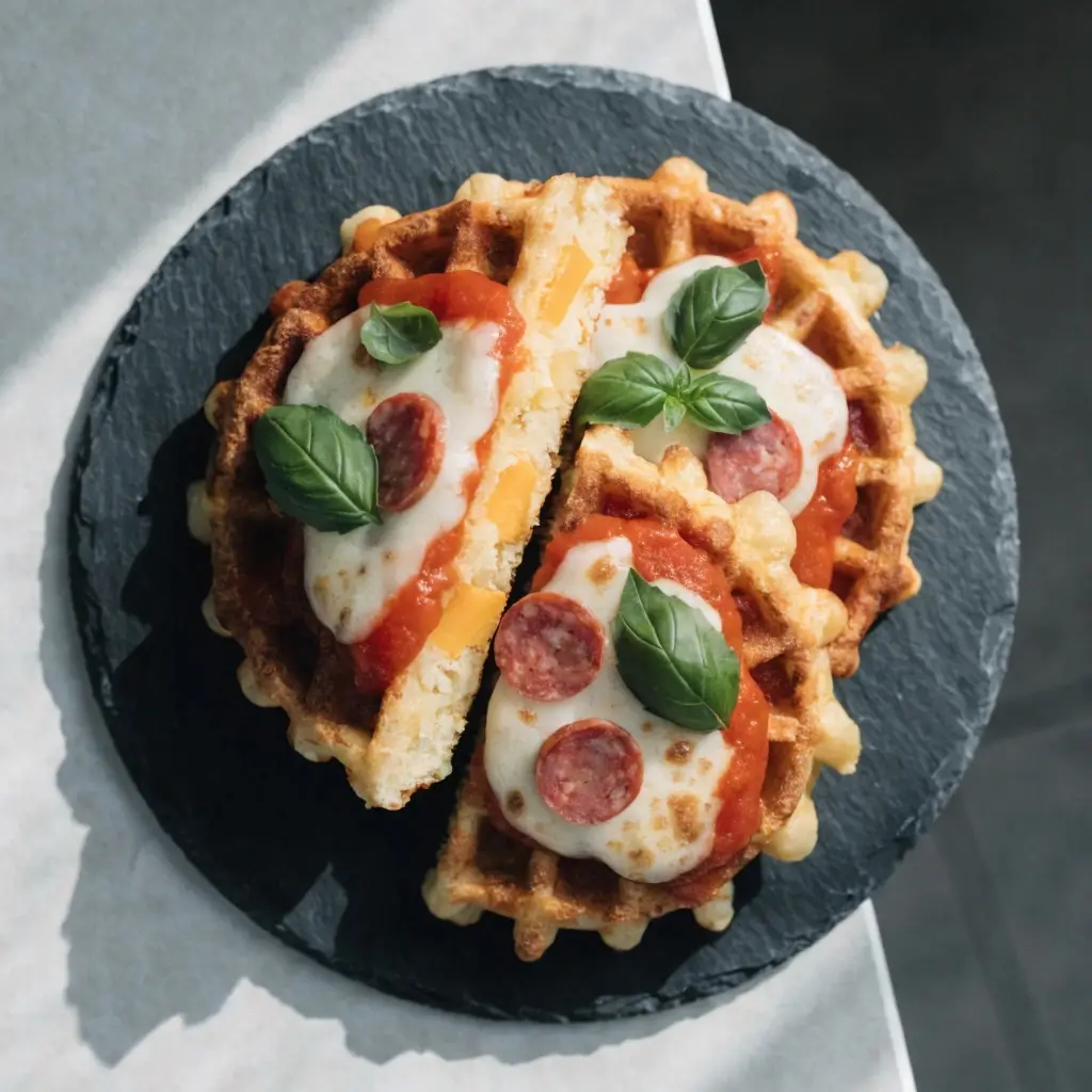 die Kartoffel Waffeln zu servieren: Herzhafte Pizza-Waffeln mit Tomatensauce, geschmolzenem Käse, Salami und frischem Basilikum auf schwarzem Steinteller